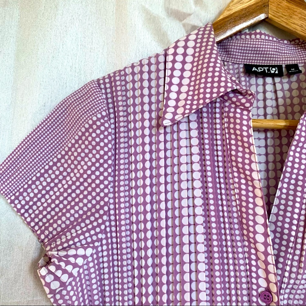 Apt. 9 Short-sleeve Button-down Stretch Lavender/ White Dots Blouse Top Medium
